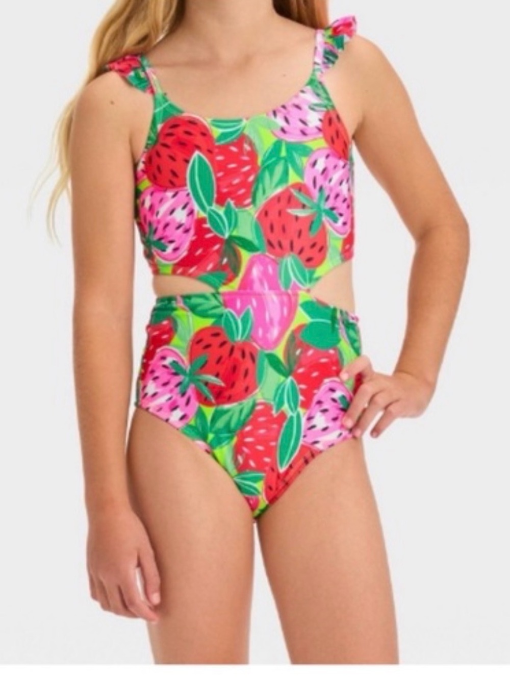 Cat & Jack One Piece Berry printed Swimsuit Size: L(11-12)
